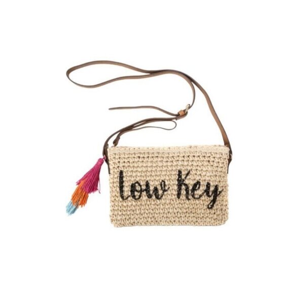INC tropical straw tasseled LOW KEY beach women's crossbody wristlet -Natural - Picture 1 of 8